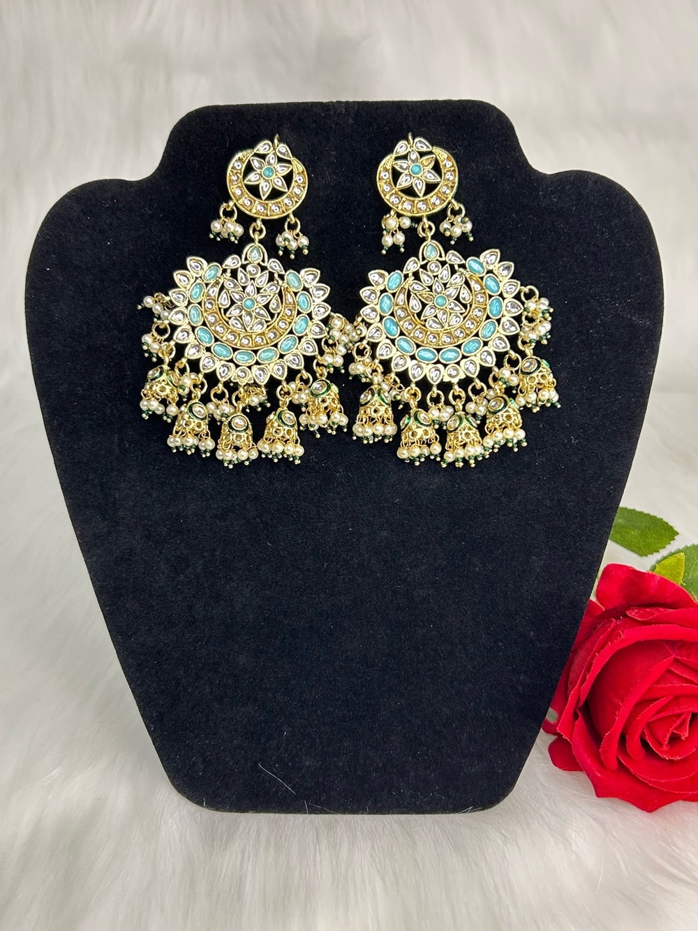 Elegant Gold-Tone Sky blue Pachi Kundan Chand Bali Earrings